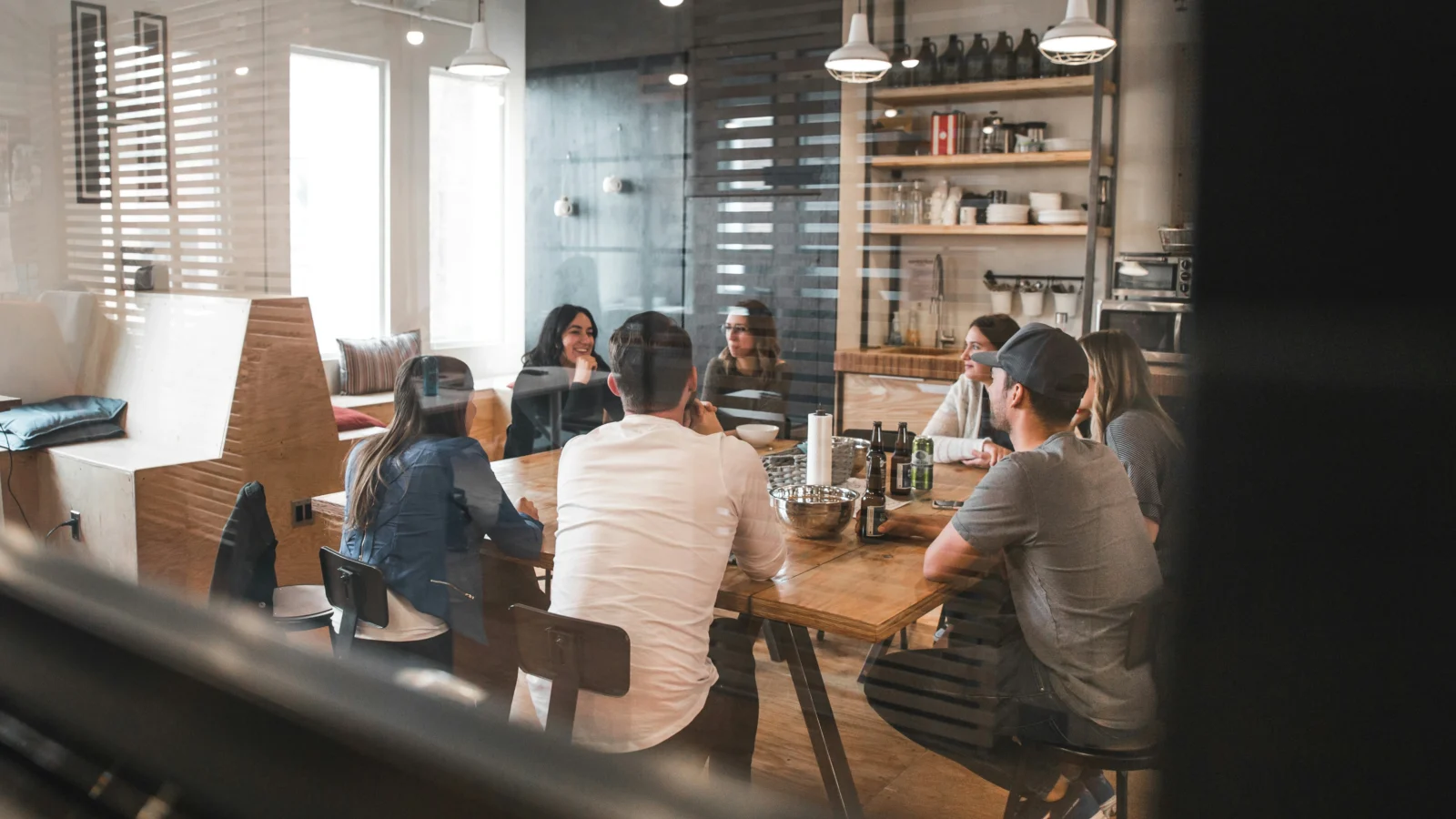 People at work in a staff meeting.